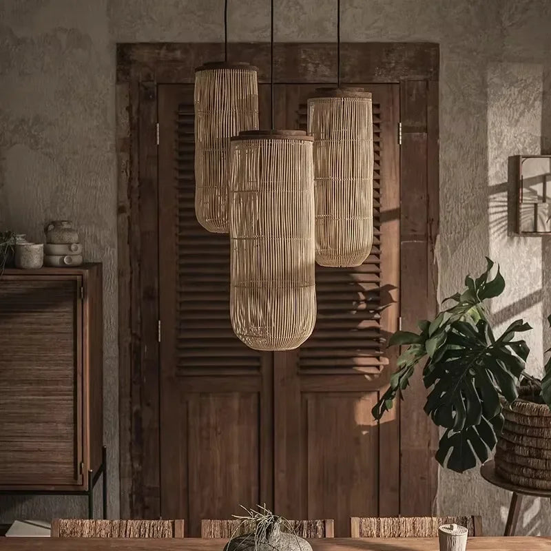 Lámpara colgante de ratán Wabi-sabi, candelabros vintage tejidos a mano para sala de estar, restaurante, dormitorio, cocina, lámpara colgante de cuerda de cáñamo