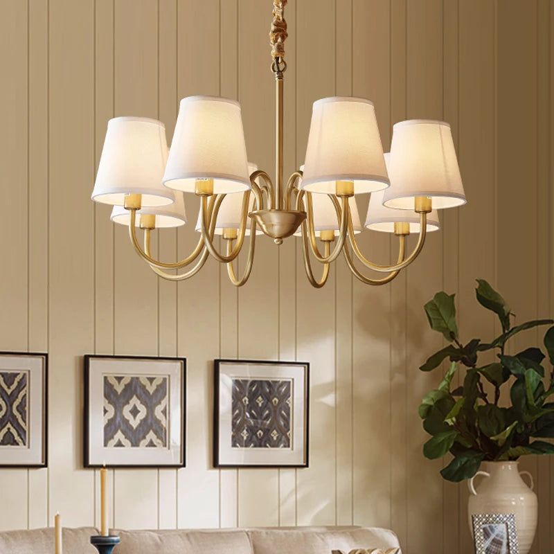 Lámpara colgante de cobre para sala de estar medieval, candelabro de cobre retro para comedor, lámpara colgante de tela moderna de lujo para dormitorio, iluminación colgante simple