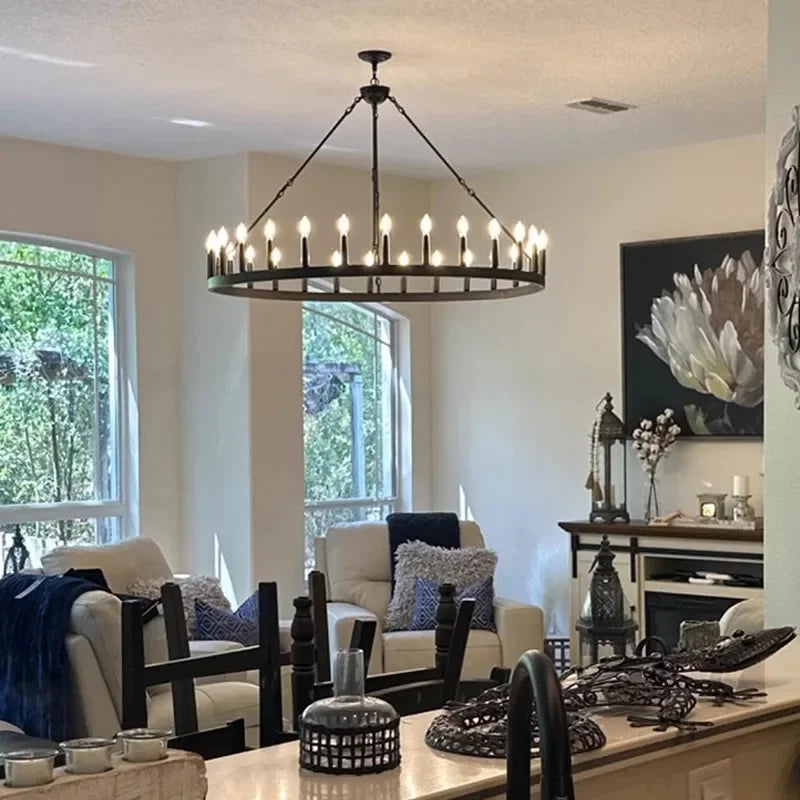 American wrought iron circular pendant light, candle pendant light, retro circular dining room light, living room pendant light