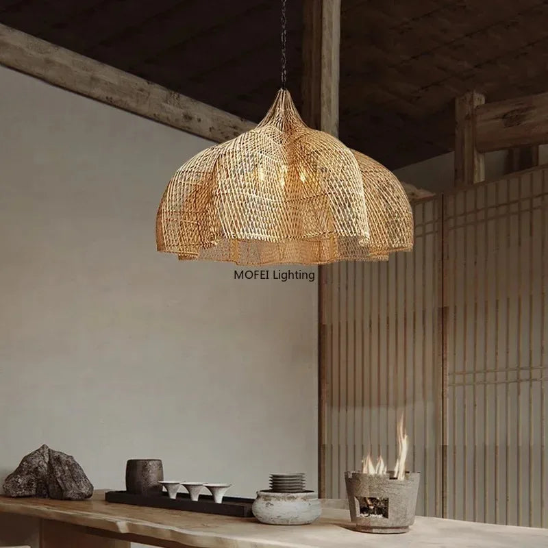 Lámpara Colgante de Ratán Retro - Diseño Wabi-Sabi