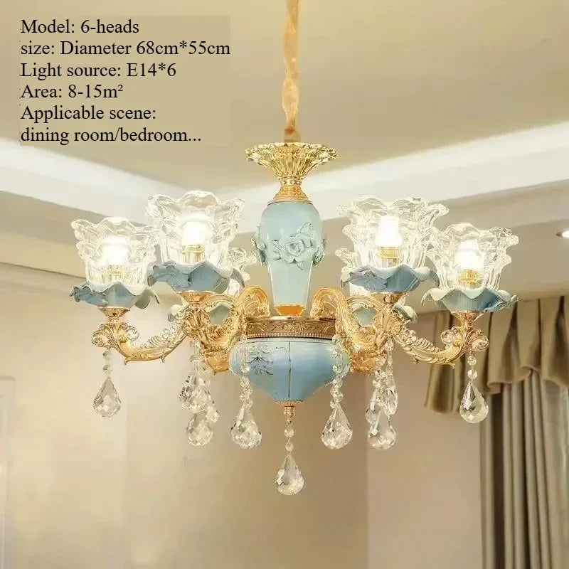 Lámpara de araña de cristal de lujo, cerámica azul, para sala de estar, lámpara de techo de villa, dormitorio, comedor, accesorios de iluminación para decoración del hogar.