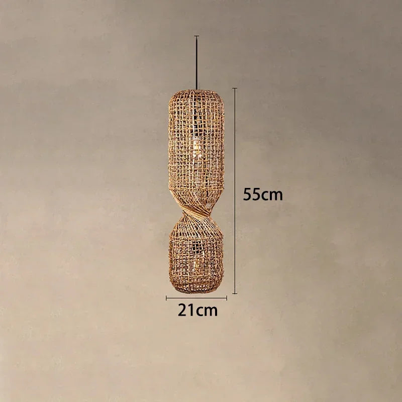 Hand Woven Rattan Column Pendant Light for Staircase and Living Room