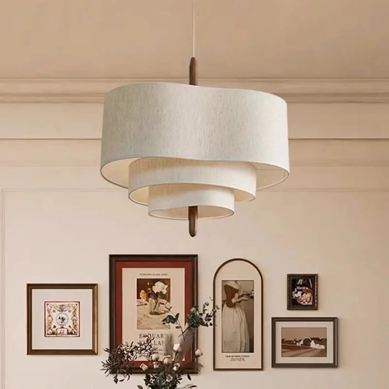 Japanese Cream Fabric Layered Drum Pendant Light for Dining Room
