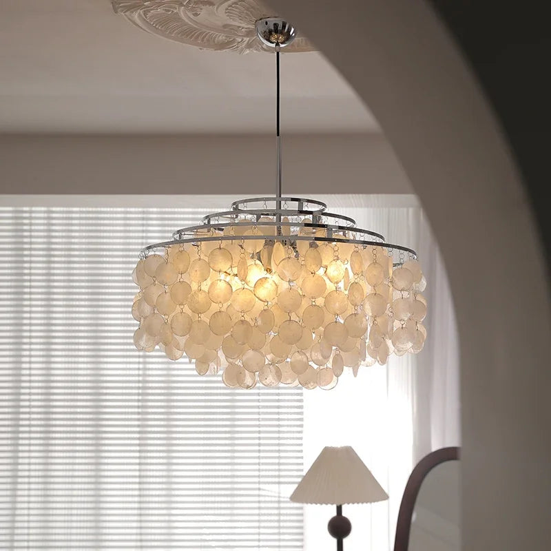 French Capiz Shell Spiral Chandelier in Chrome and Gold for Bedroom
