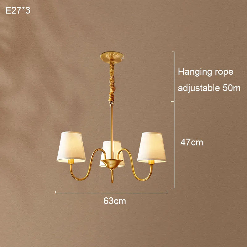 Lámpara colgante de cobre para sala de estar medieval, candelabro de cobre retro para comedor, lámpara colgante de tela moderna de lujo para dormitorio, iluminación colgante simple