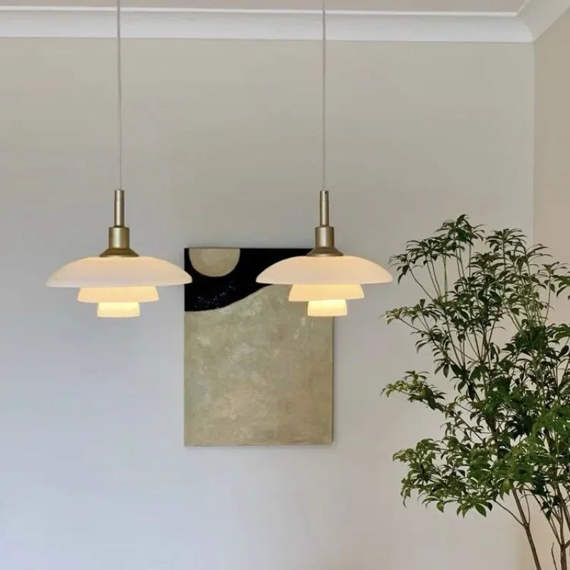 Danish Three Tier Glass Dish Pendant Light in White and Gold for Dining Room