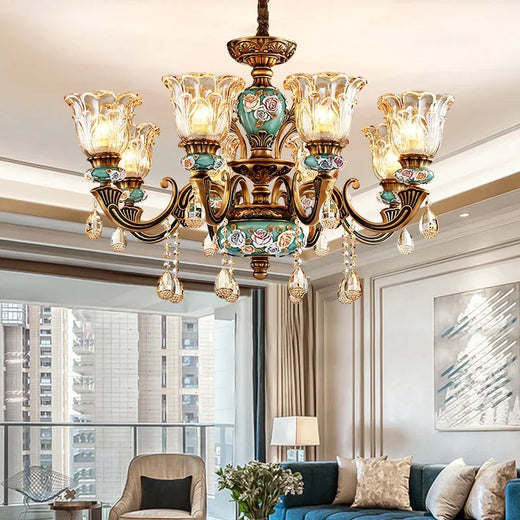 Lámpara de araña de lujo y grandeza de estilo europeo para sala de estar, cristal, resina retro, villa de alta gama, aleación de zinc lujosa, para comedor, caliente
