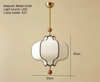Vintage Fabric Lantern Pendant Light with Wood Beads for Bedside