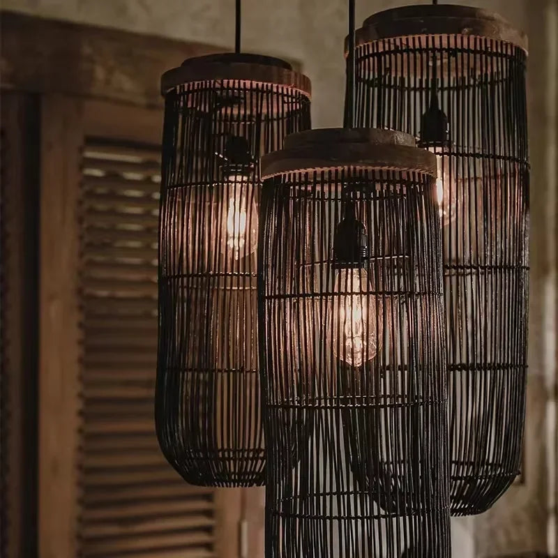 Lámpara colgante de ratán Wabi-sabi, candelabros vintage tejidos a mano para sala de estar, restaurante, dormitorio, cocina, lámpara colgante de cuerda de cáñamo