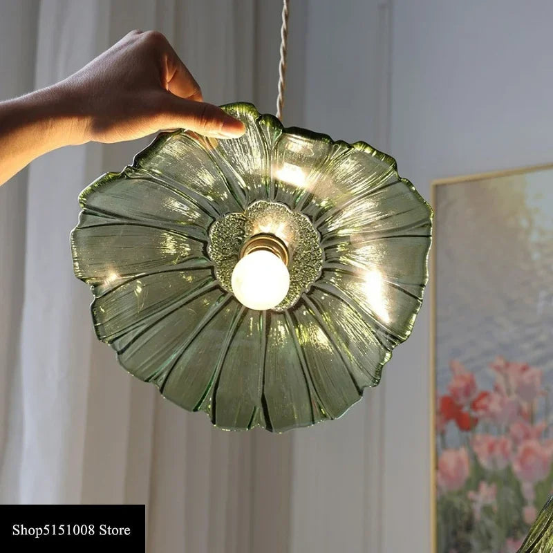 Vintage Flower Petal Glass Pendant Light with Brass Stem for Kitchen