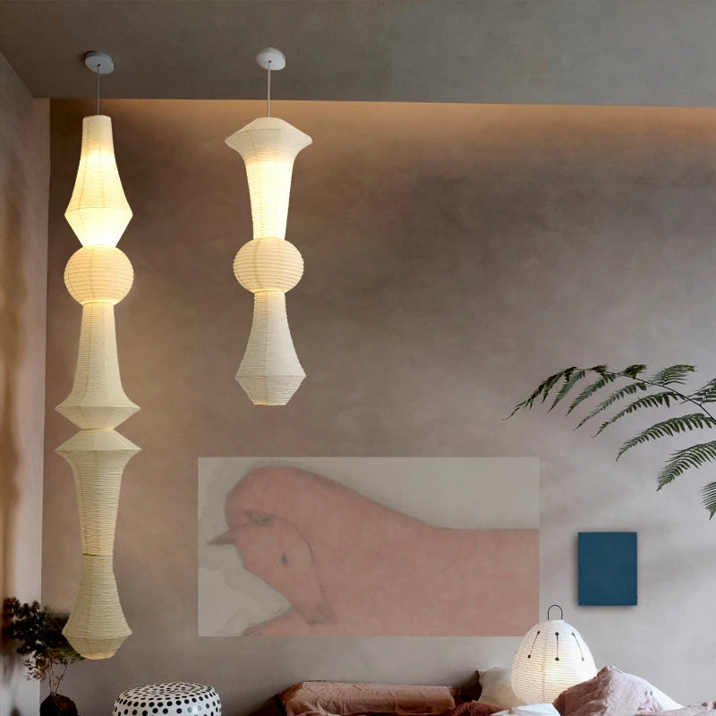 Wabi Sabi Rice Paper Style Totem Pendant Light for Staircase and Living Room