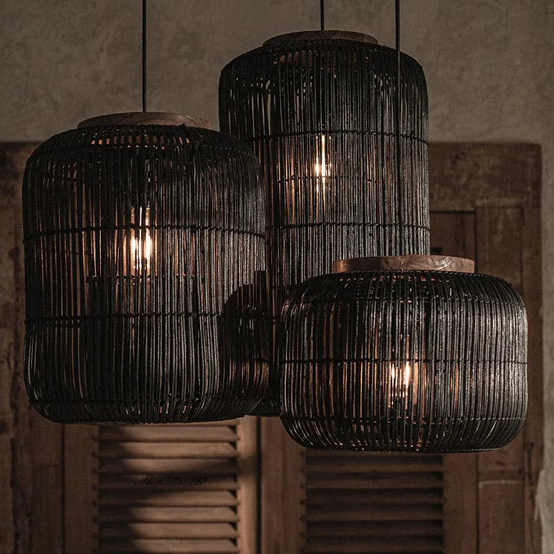Vintage Bamboo Pendant Ceiling Light with Crystal Accents