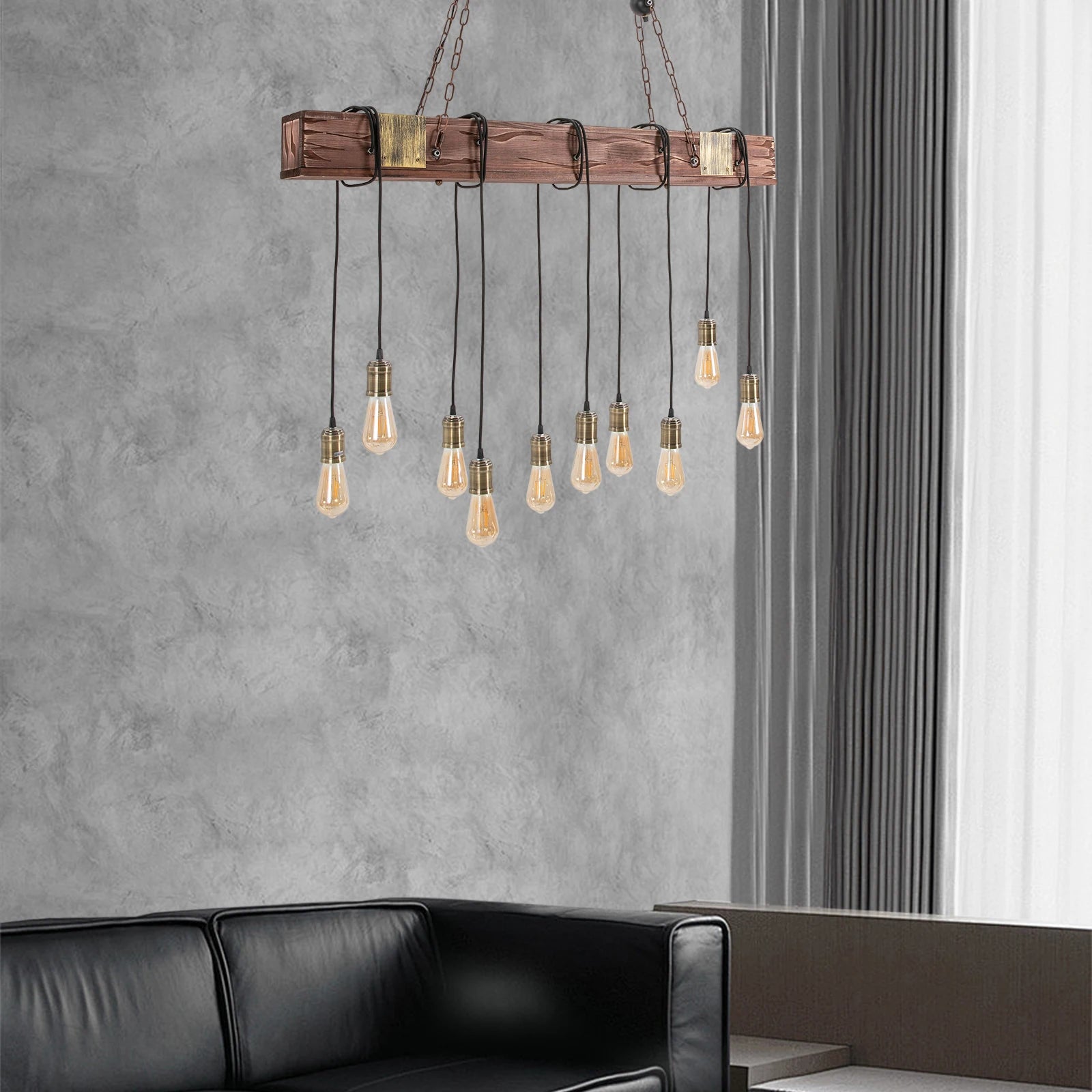 Lámpara Colgante Rústica de Viga de Madera con Bombillas Edison