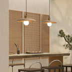 Solid Wood Disc Pendant Light with Opal Globe for Tea Room and Hallway