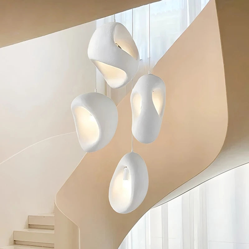 Wabi Sabi Organic Sculpted Pendant Light in White and Gray for Staircase