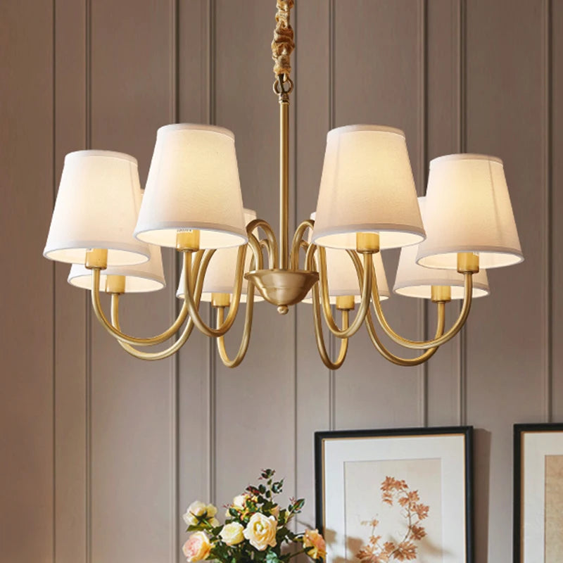 Lámpara colgante de cobre para sala de estar medieval, candelabro de cobre retro para comedor, lámpara colgante de tela moderna de lujo para dormitorio, iluminación colgante simple