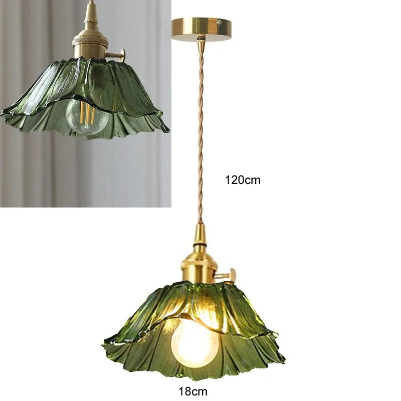 Vintage Flower Petal Glass Pendant Light with Brass Stem for Kitchen