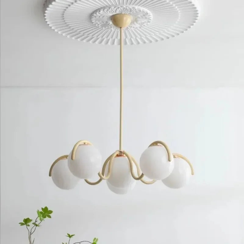 French Cream Squiggle Chandelier with Opal Glass Globes in Red and White
