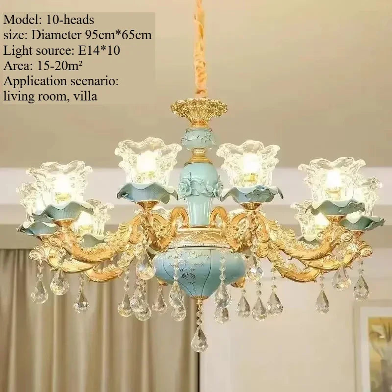 Lámpara de araña de cristal de lujo, cerámica azul, para sala de estar, lámpara de techo de villa, dormitorio, comedor, accesorios de iluminación para decoración del hogar.