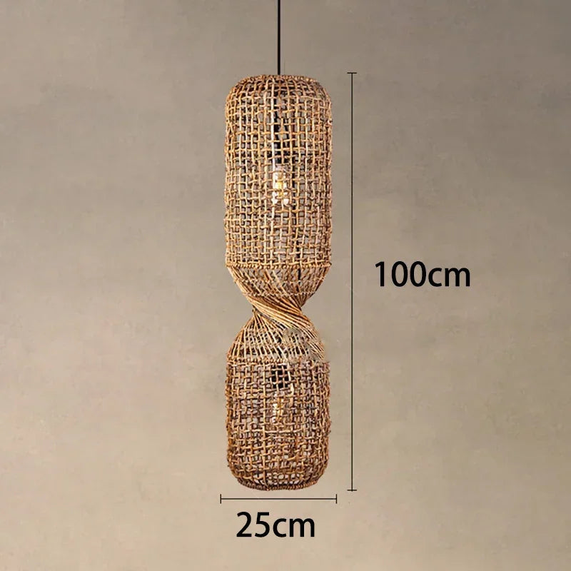 Hand Woven Rattan Column Pendant Light for Staircase and Living Room