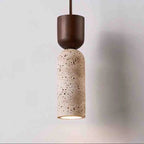 Wabi Sabi Travertine Cylinder Pendant Light with Walnut Top for Bedside