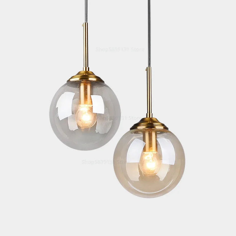 Nordic Glass Ball Pendant Light 15cm with Brass Stem for Bedside