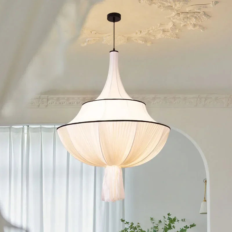 French Draped Fabric Chandelier with Tassel in White for Hotel Lobby