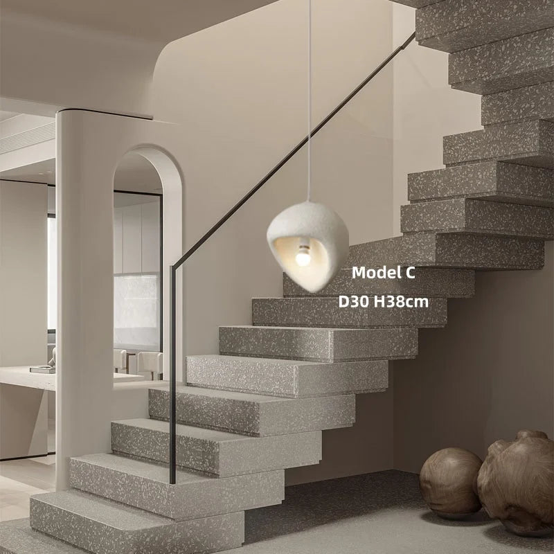 Wabi Sabi Organic Sculpted Pendant Light in White and Gray for Staircase