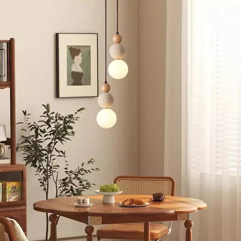 Cream Style Travertine and Wood Ball Pendant Light with Opal Globe
