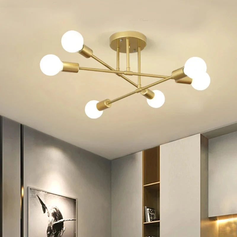 Modern Gold Sputnik Semi Flush Ceiling Light for Bedroom and Living Room