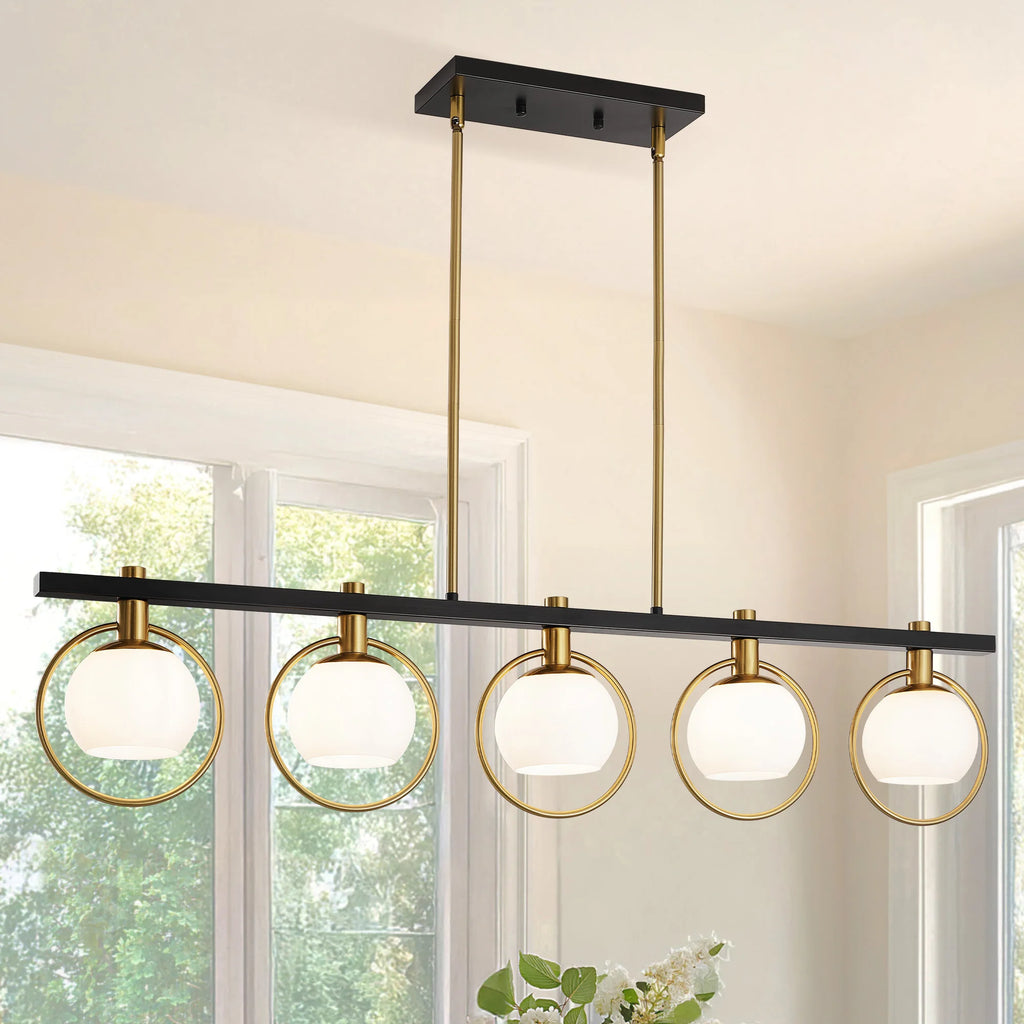 Lámpara colgante minimalista de hierro y cristal con 5 luces