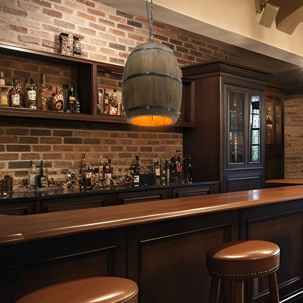 Lámpara colgante de barril de madera retro para comedor y bar