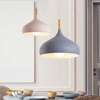 Nordic Matte Dome Pendant Light with Wood Top in Blue for Dining Room