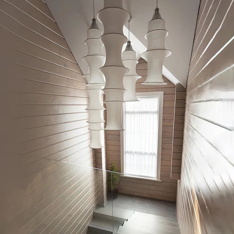Wabi Sabi Silk Pagoda Column Pendant Light for Staircase and Loft