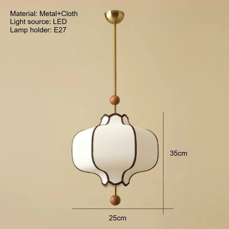 Vintage Fabric Lantern Pendant Light with Wood Beads for Bedside