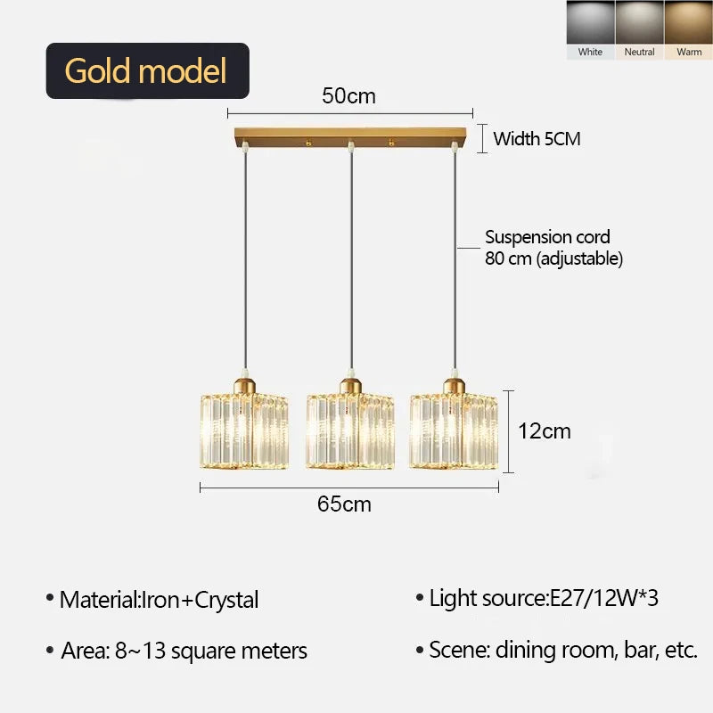 Nordic Crystal Glass Pendant Light - 3 Head