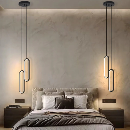 Minimalist LED Oval Ring Pendant Light in Black and Gold for Bedside