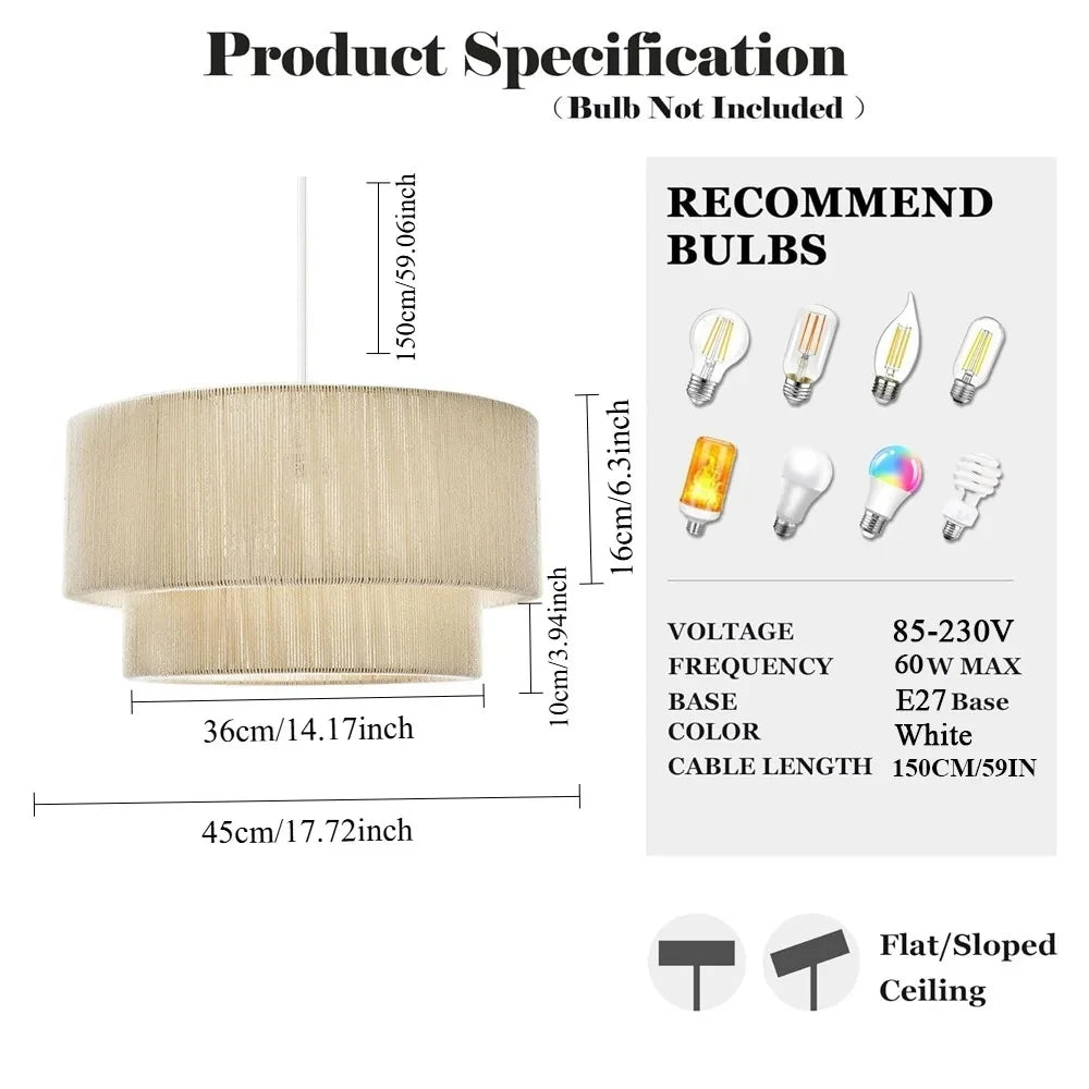 Minimalist Rattan Pendant Light with Hemp Rope Shade