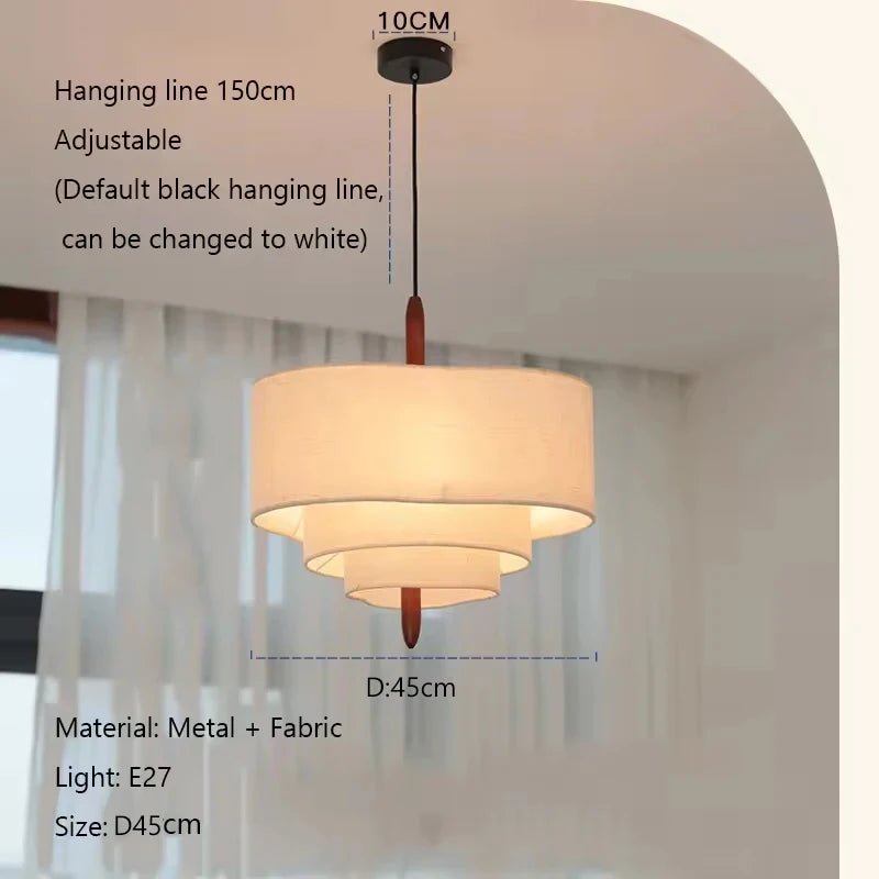 Wabi Sabi Linen Tiered Drum Chandelier with Walnut Accent for Living Room