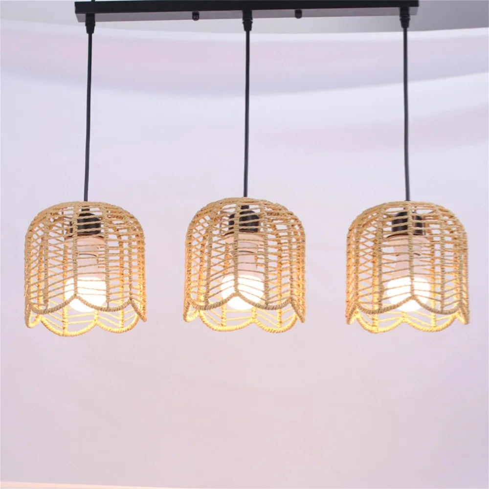 Lámpara Colgante de Techo Bohemio de Ratán de 3 Luces