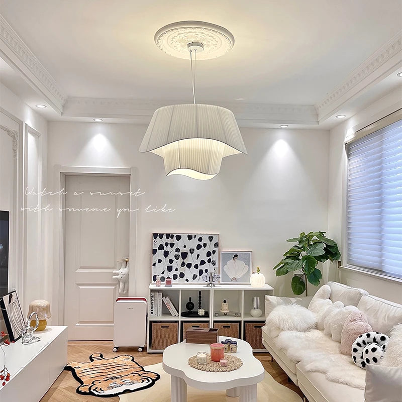 Nordic Cream Pleated Wave Fabric Pendant Light for Living Room