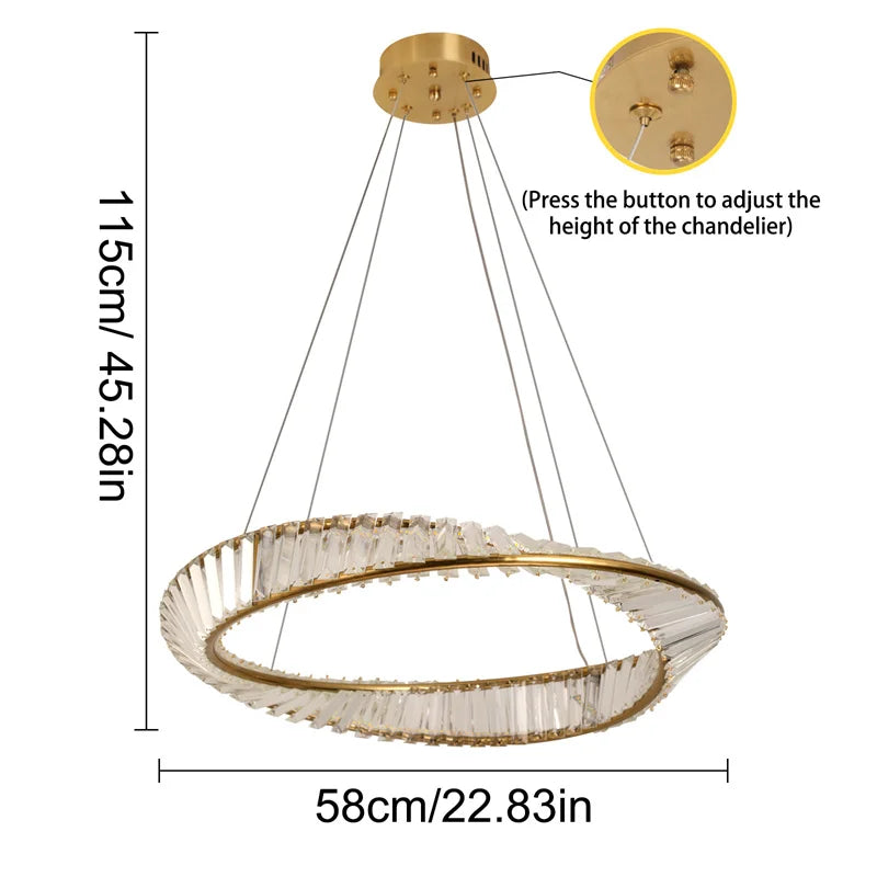 Luxury Crystal Twist Ring Chandelier in Gold for Dining Room
