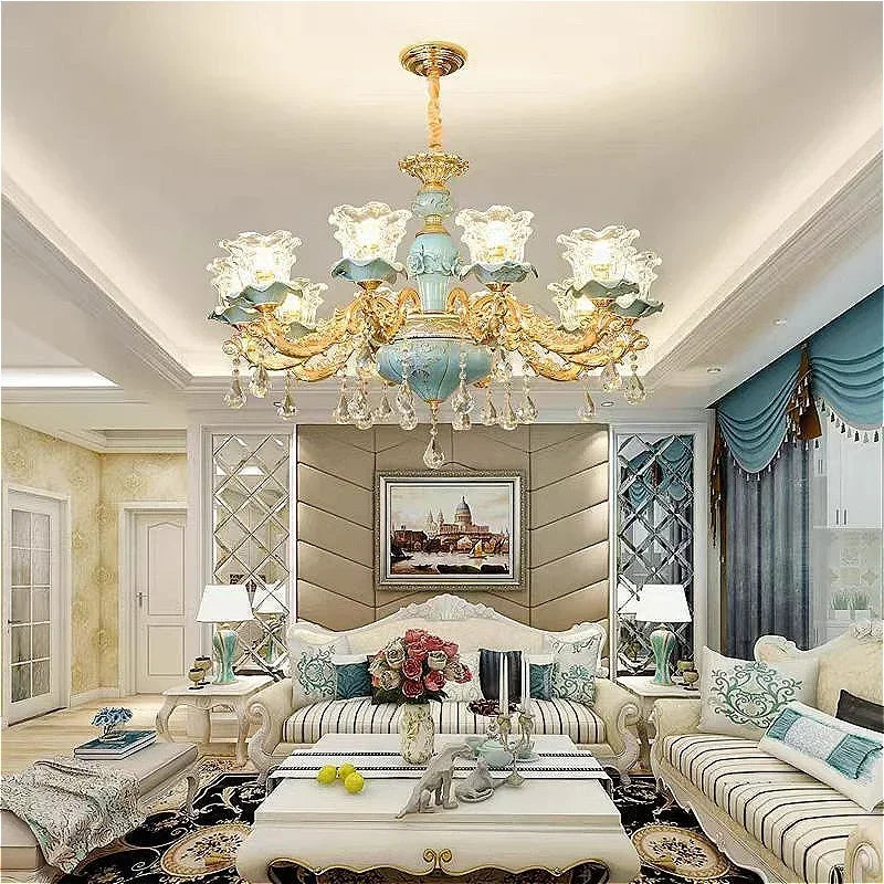 Lámpara de araña de cristal de lujo, cerámica azul, para sala de estar, lámpara de techo de villa, dormitorio, comedor, accesorios de iluminación para decoración del hogar.