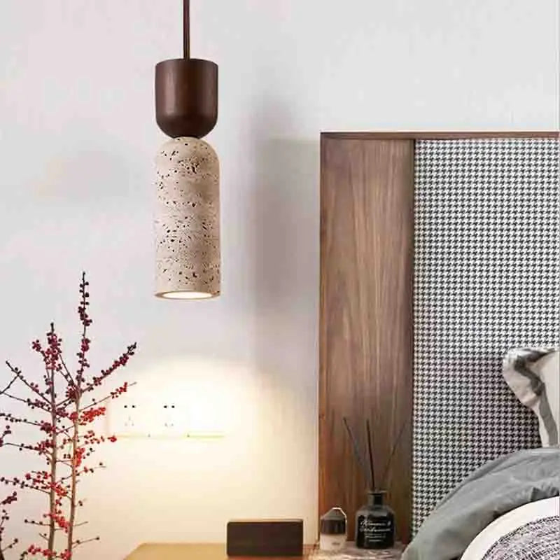 Wabi Sabi Travertine Cylinder Pendant Light with Walnut Top for Bedside
