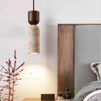 Wabi Sabi Travertine Cylinder Pendant Light with Walnut Top for Bedside