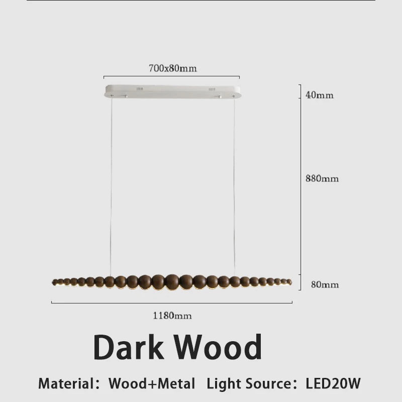 Modern Wood Bead Linear LED Pendant Light for Dining Table and Kitchen Island