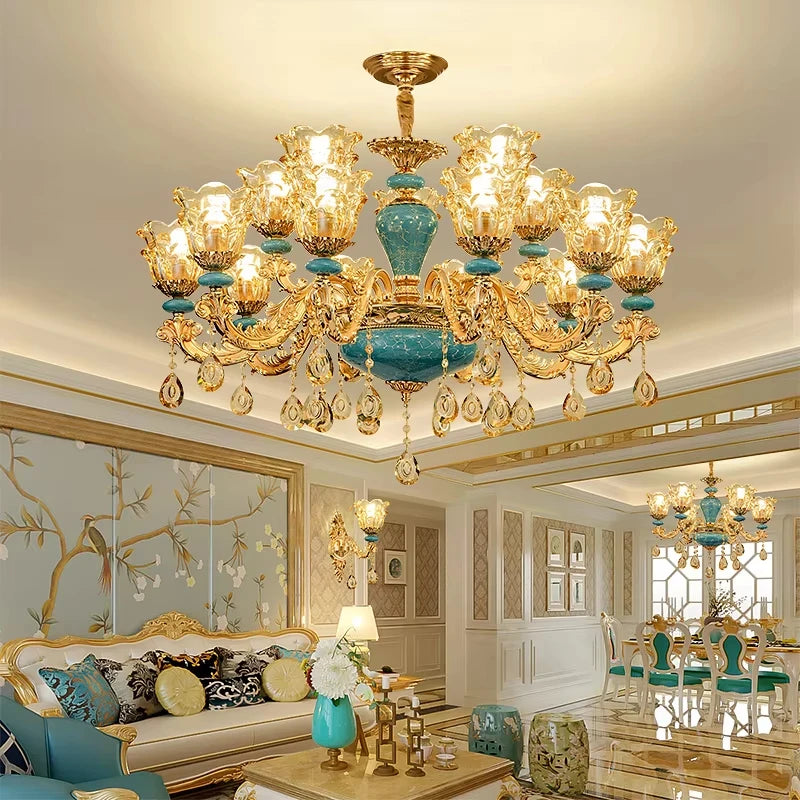 Candelabro de salón de estilo europeo, lámpara de cristal de cerámica de lujo para el hogar, nuevo estilo, sencilla, para dormitorio o restaurante