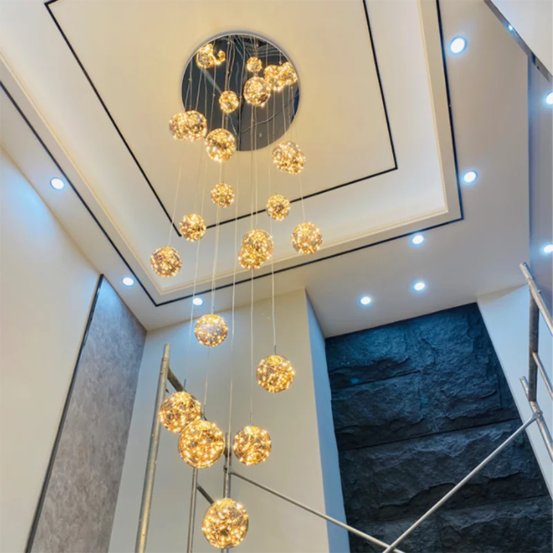 Starry Glass Ball Cluster Chandelier for Staircase in Smoky Gray and Cognac