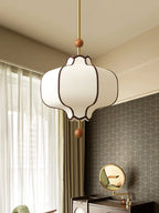 Vintage Fabric Lantern Pendant Light with Wood Beads for Bedside