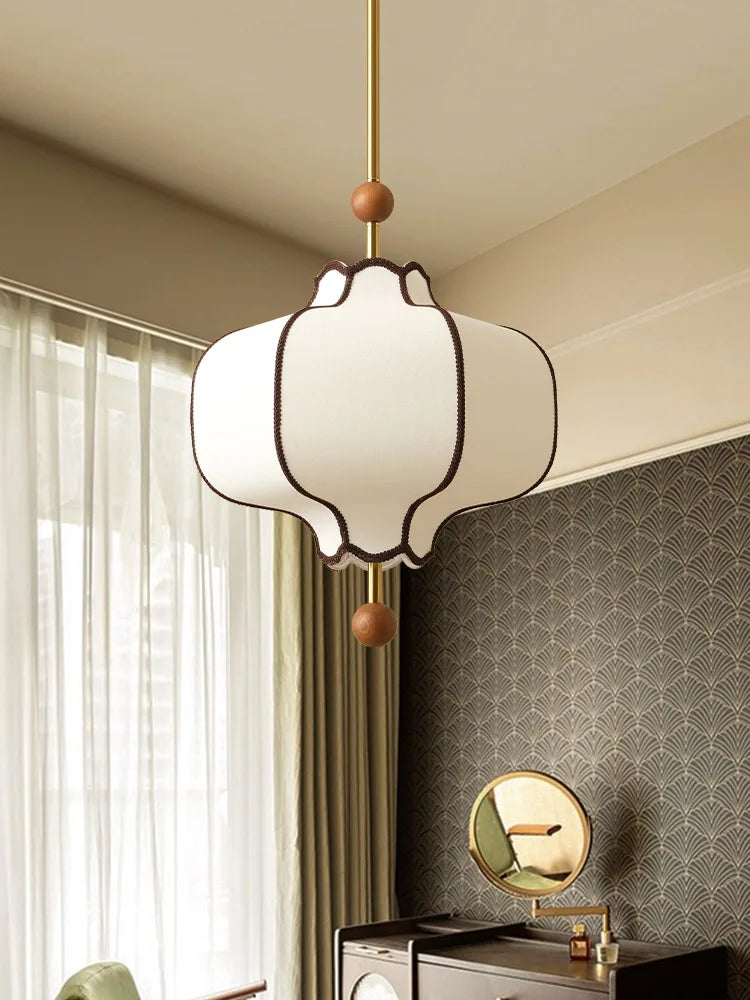 Vintage Fabric Lantern Pendant Light with Wood Beads for Bedside